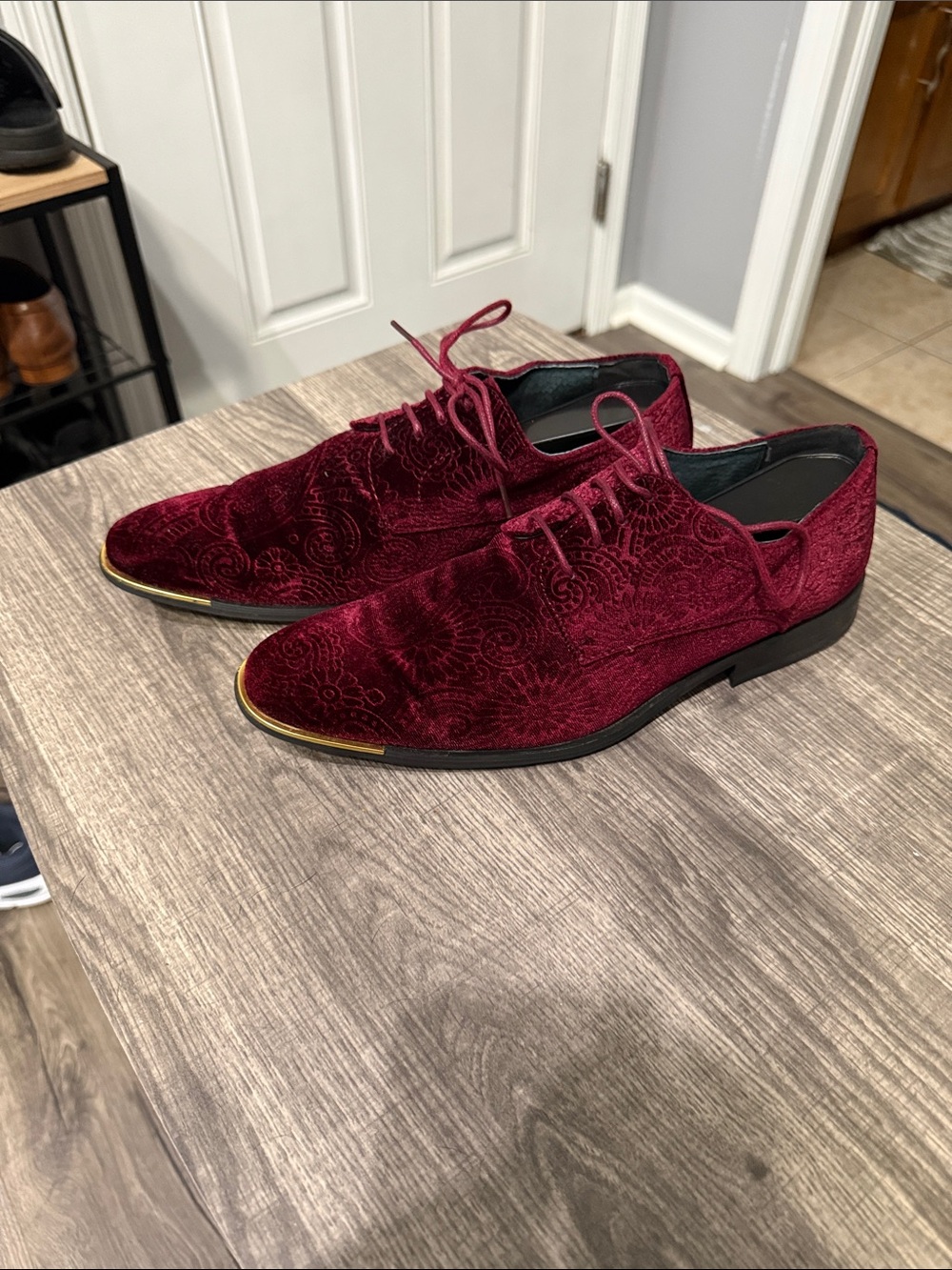Men's Burgundy Velvet Lace-Up Derby with Gold Toe Accent